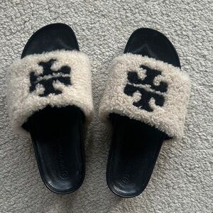 Tory Burch Black and Cream Fuzzy Slides